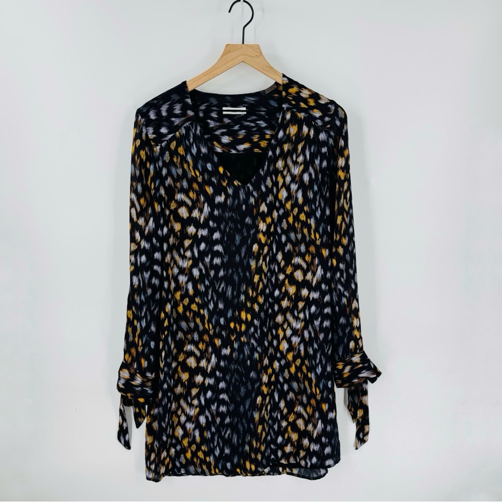 Equipment Femme Silk Tunic Dress‎ Small Black Gold White Ikat Feather Size Small